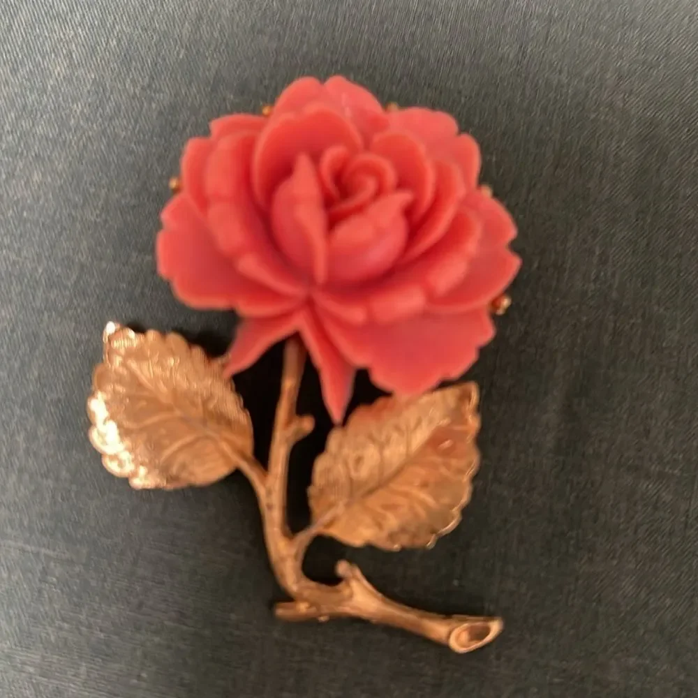 Pink Rose Brooch with Gold Leaves